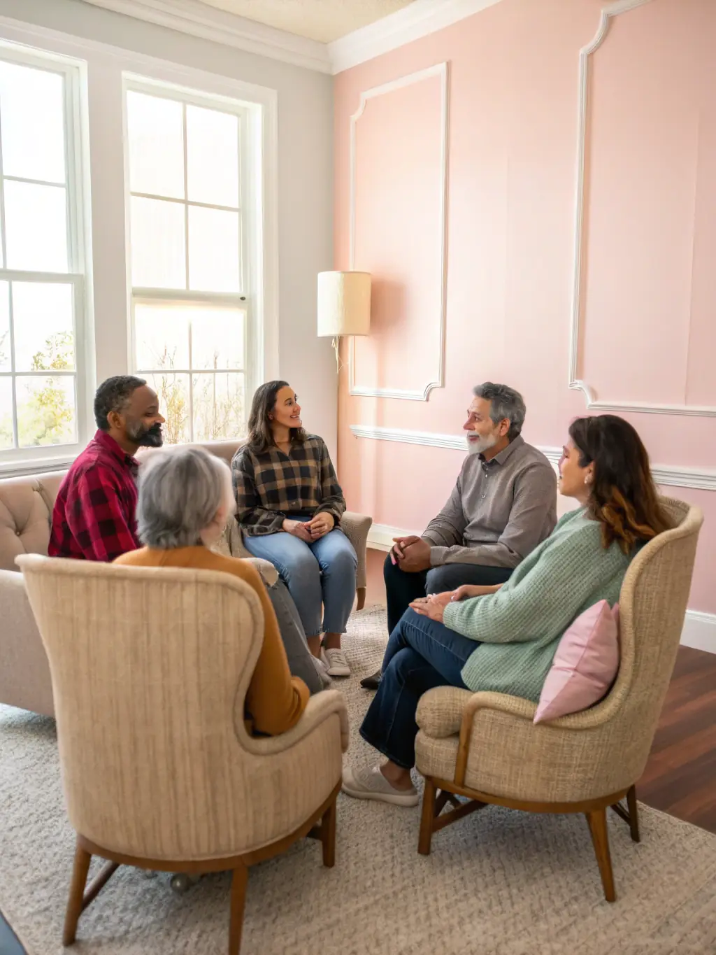 An image of a support group session, where participants are sharing their experiences in a safe and empathetic environment, to illustrate a compassionate approach.